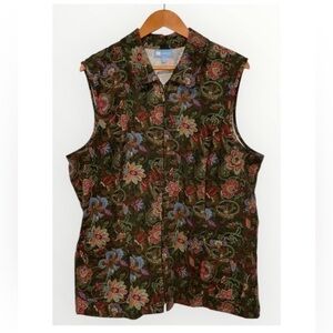 Koret Brown Soft Multicolored Floral Grandmacore Country Zip Up Vest Pockets XL